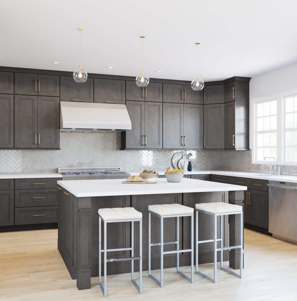 grey kitchen cabinets with a white countertops