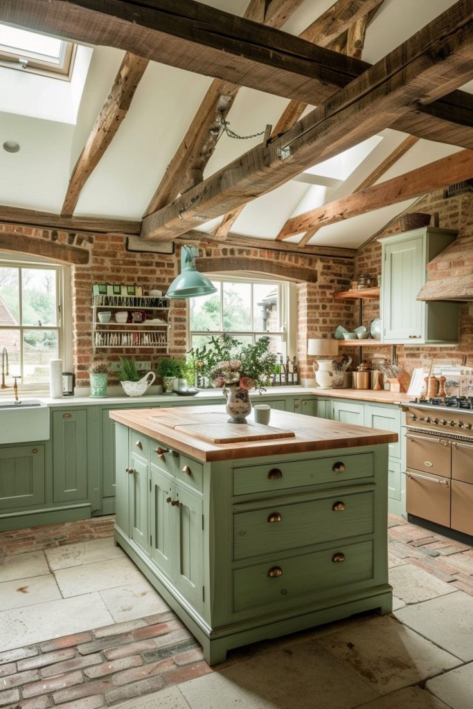 Sage-Green-Kitchen with Wood Countertops