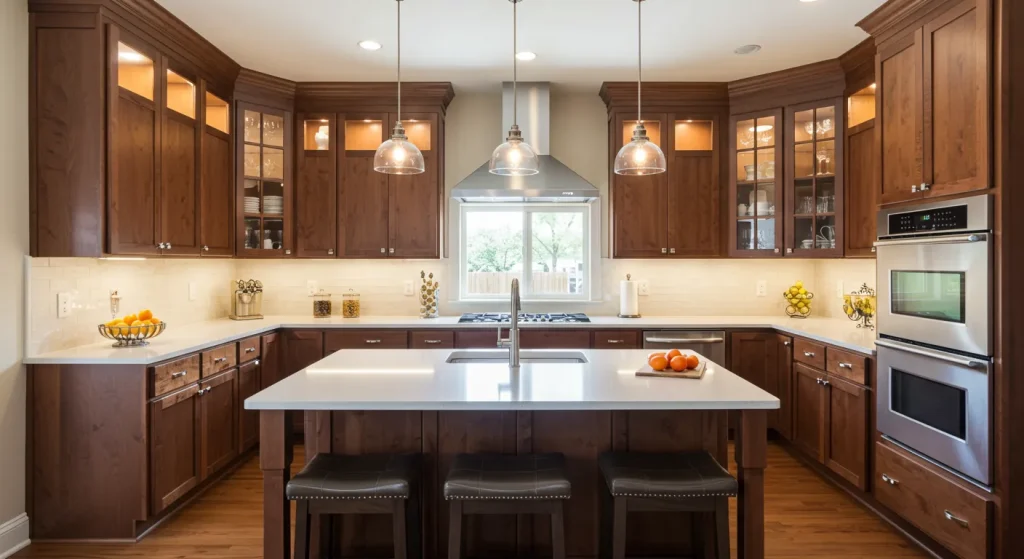 cherry wood kitchen cabinet with glass window