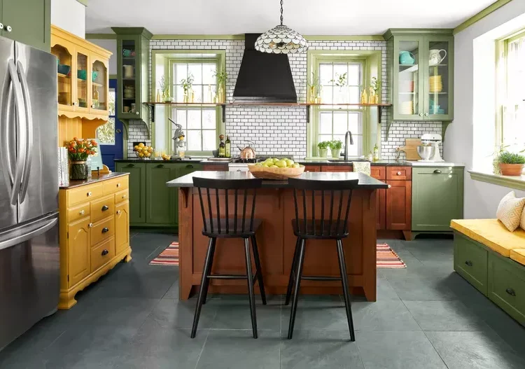 Country Style Farmhouse Sage Green Kitchen Cabinets