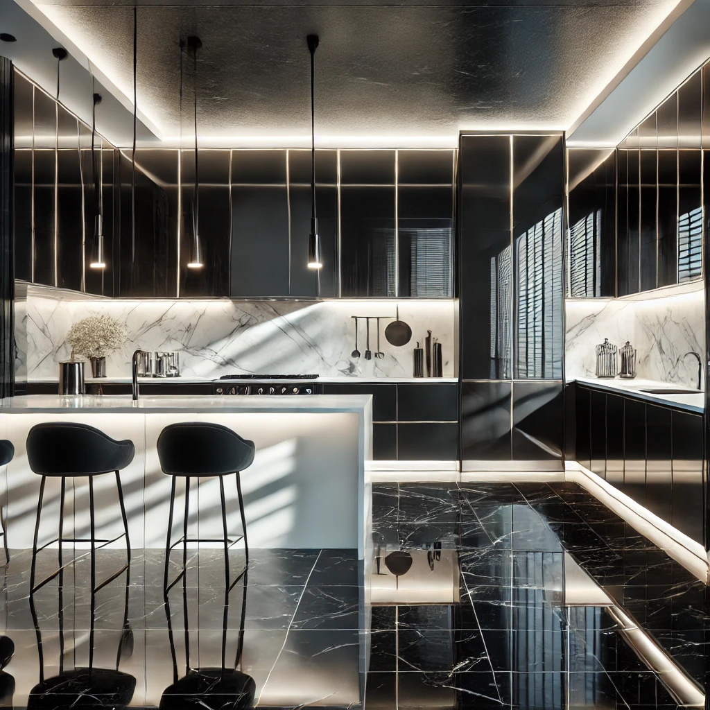 Glossy black kitchen cabinets
