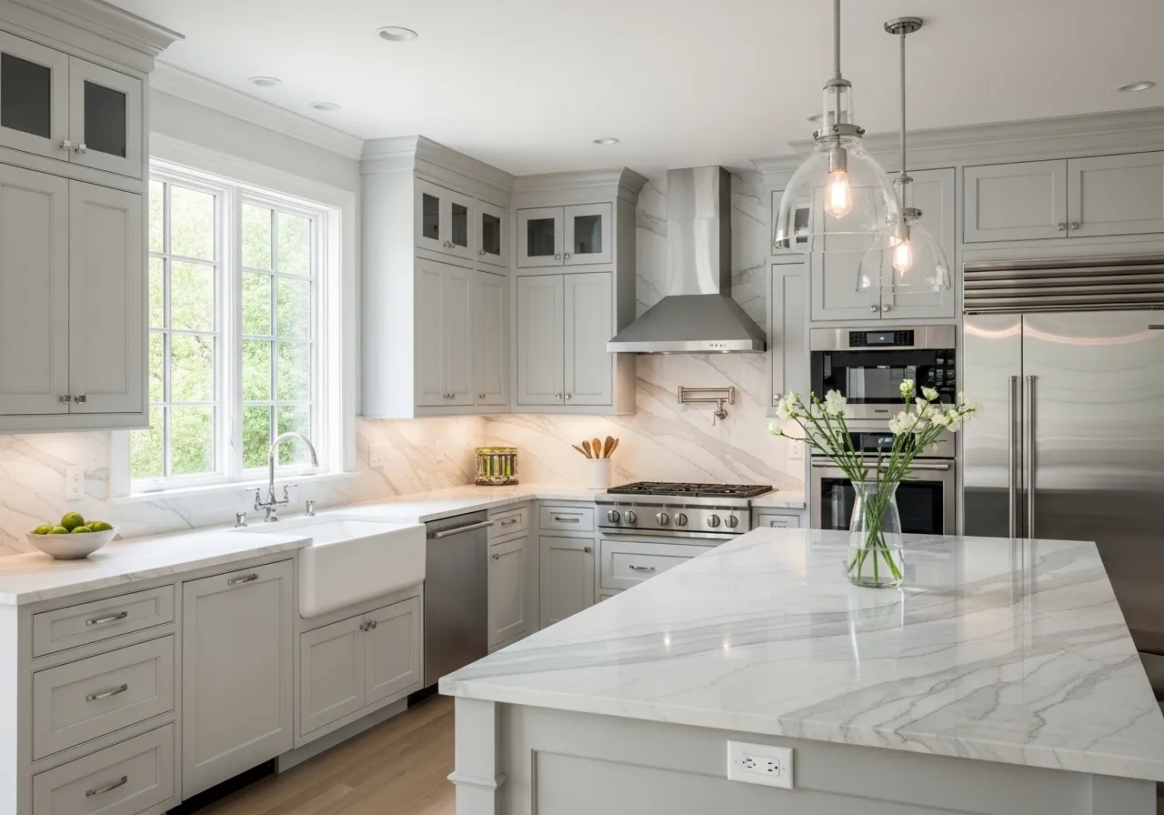 Luxury Grey Shaker Cabinets With White Marble Countertops