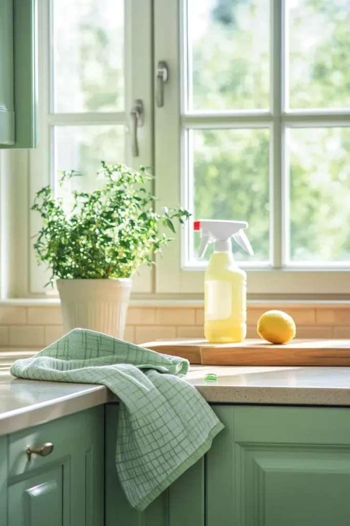 Maintenance sage green kitchen cabinet