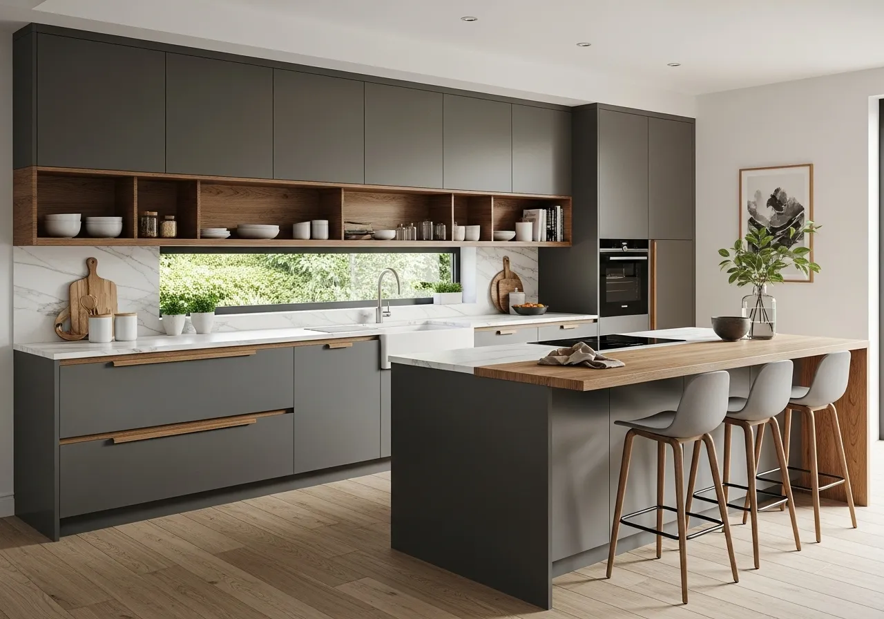 Matte Grey Kitchen Cabinets With Natural Wood Accents