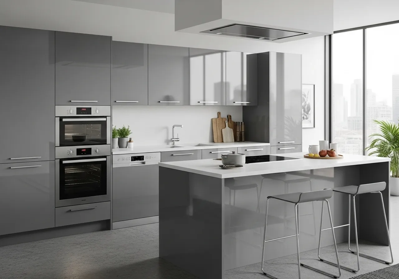 Modern Glossy Grey Kitchen Cabinets With Handleless Design