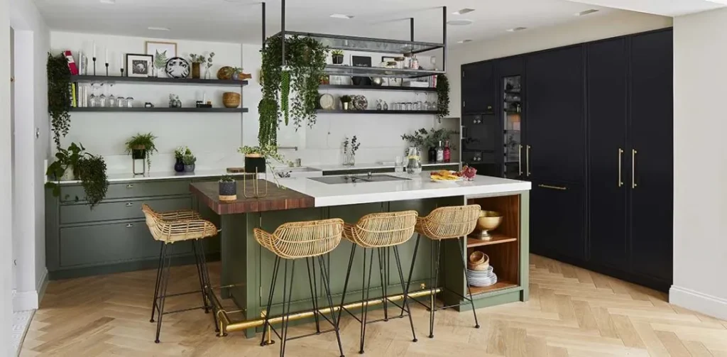 Open Shelving with Sage Green Cabinets