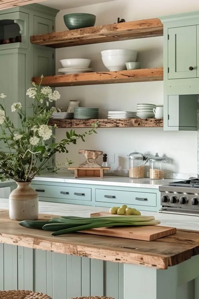 rustic sage green kitchen cabinets