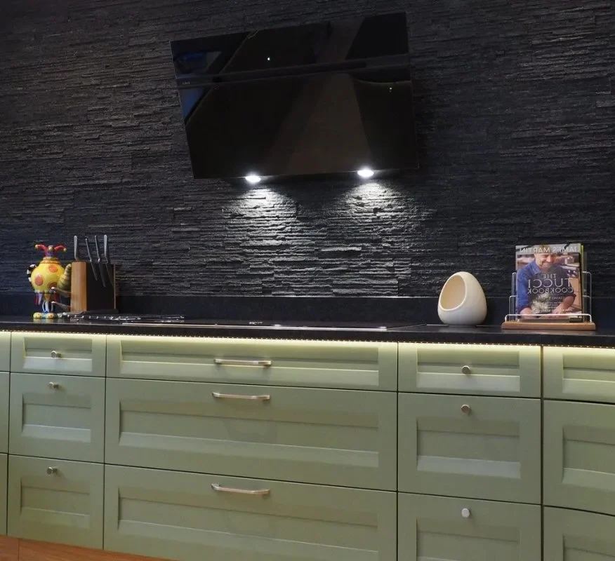 Sage Green and Black Kitchen Cabinets