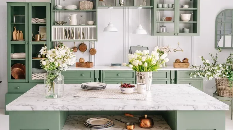 Sage green cabient with Stone Countertops