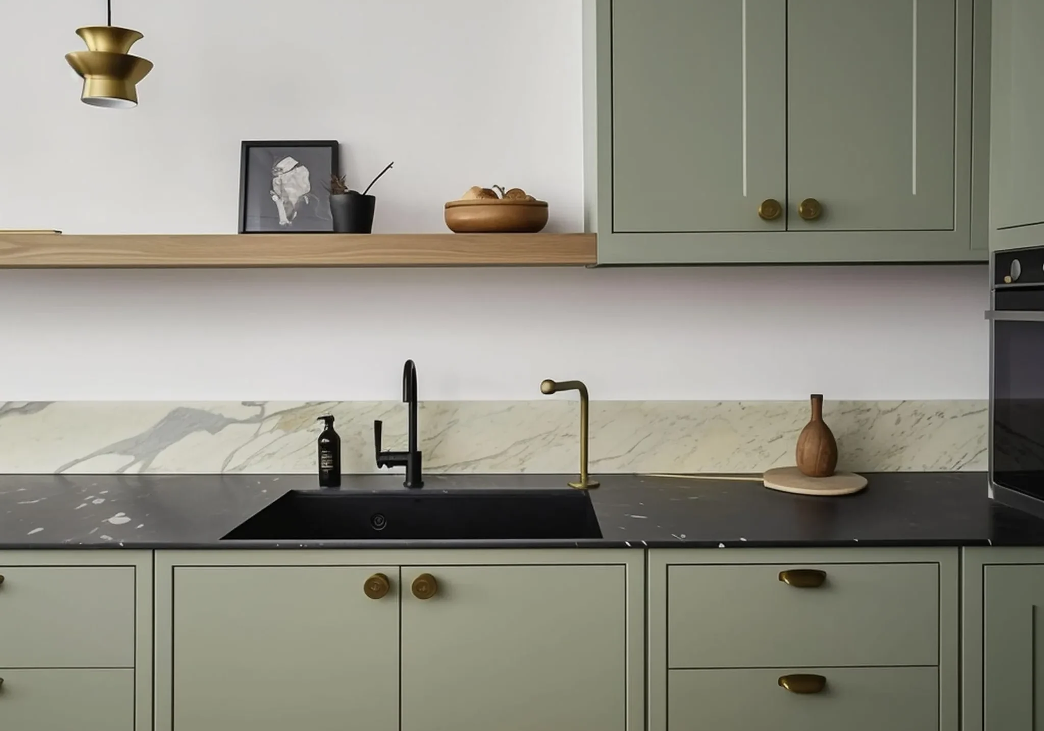 Sage Green cabinet with Black Kitchen Countertops