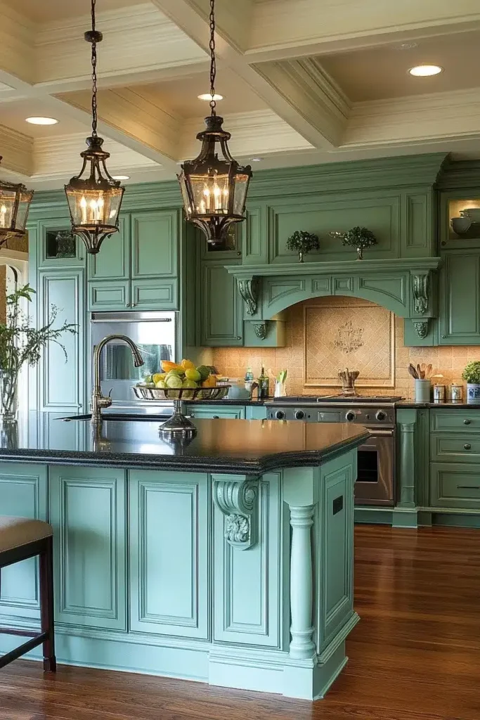 sage green cabinets with black countertops
