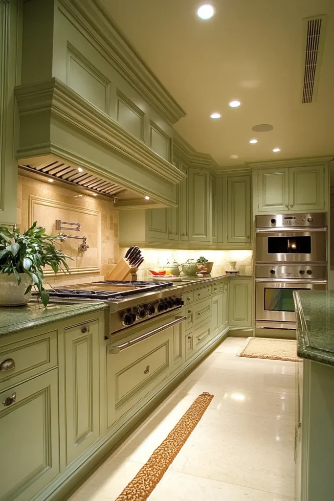 Sage Green Cabinets with LED Lighting