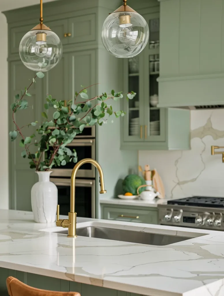 Sage-Green-Kitchen.with White Countertops