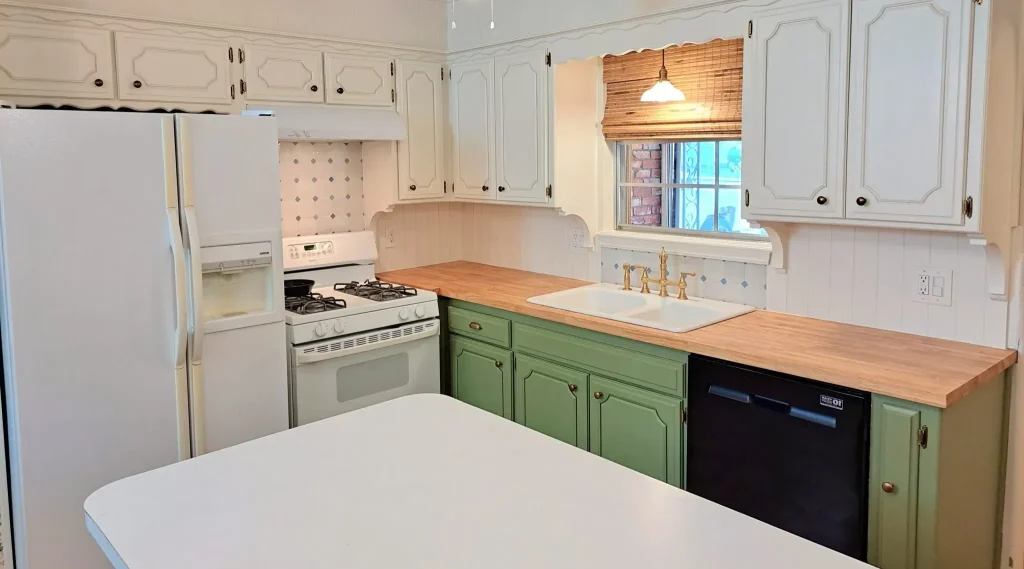 sage green with Butcher Block Countertops