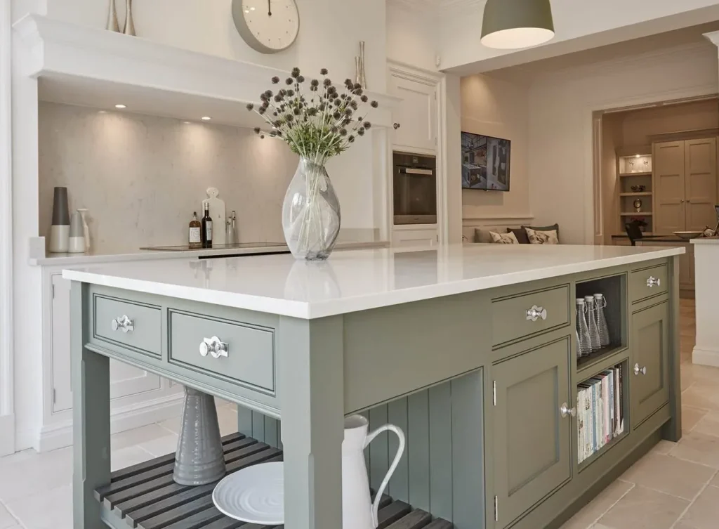 sage green With Cream Countertops
