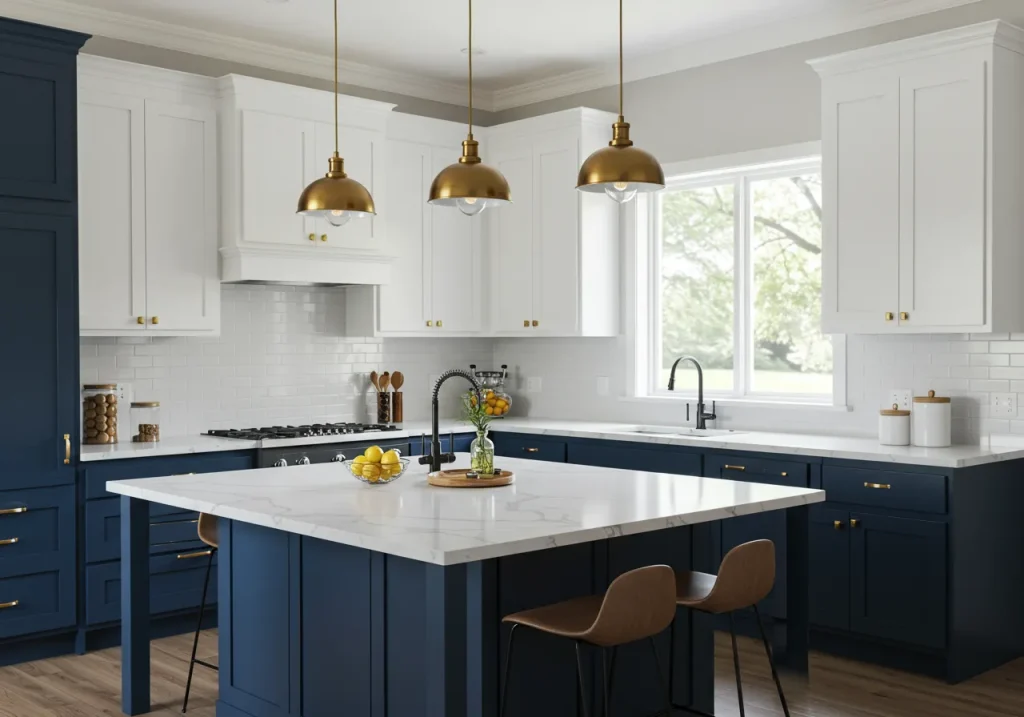 Two Tone Kitchen cabinets Wthie with Blue
