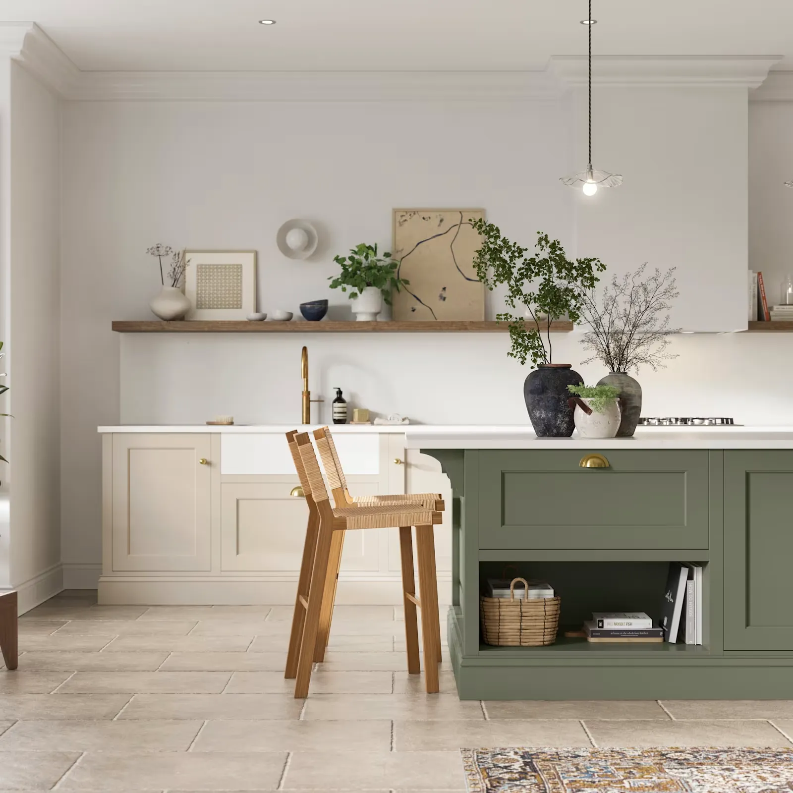 White Wall for Sage Green Kitchen Cabinets