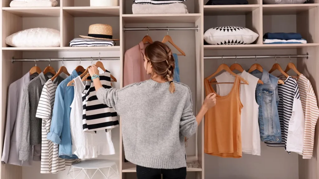 Woman-choosing-closet in reach in closet