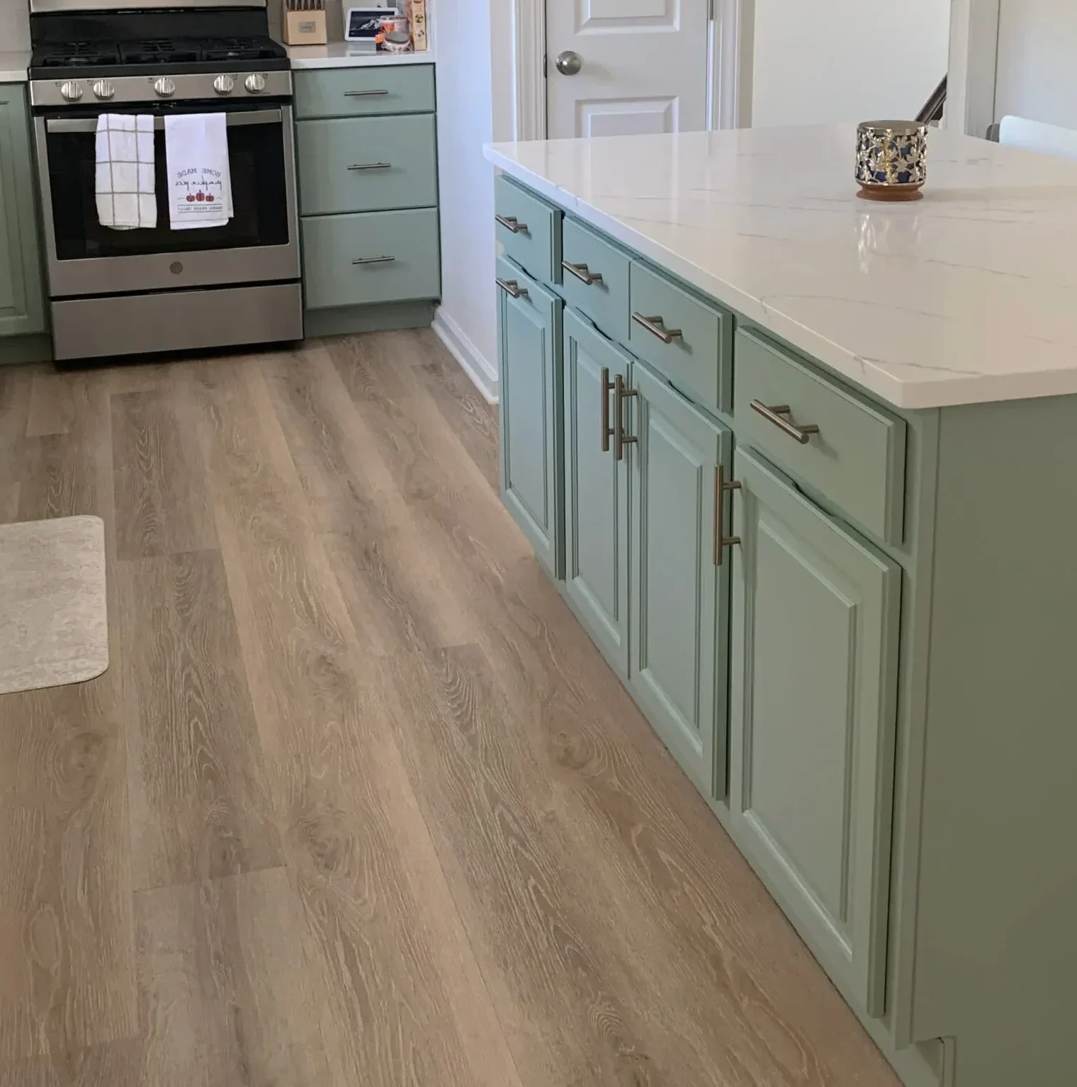 wooden floor for Sage Green Kitchen Cabinets